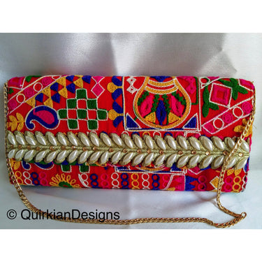 Red Fabric Clutch Purse With Floral Embroidery In Green, Yellow, Blue And Pink Threadwork & Pearl Beads Detail, Wedding Clutch, Boho Clutch